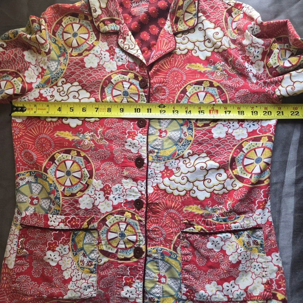 Nick &‎ Nora Pajama Top Medium Red Long Sleeve Button Pocket Cotton Blend